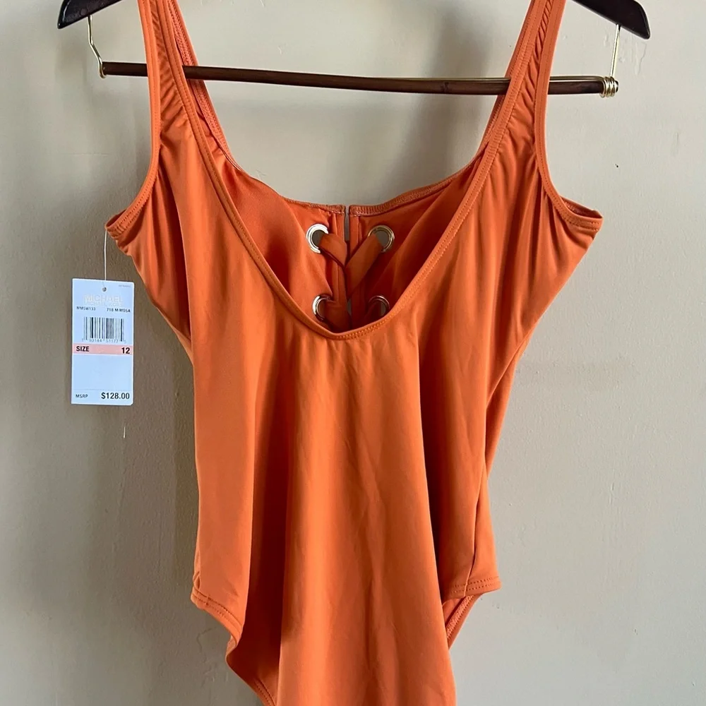 NWT MICHAEL Michael Kors Lace Up One Piece Swimsuit Sz 12 Beach Vacation Cruise - Picture 9 of 9